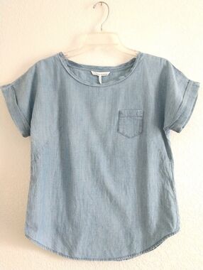 Cute French Connection Blue Chambray Shirt Short Sleeve Summer Cottagecore Small